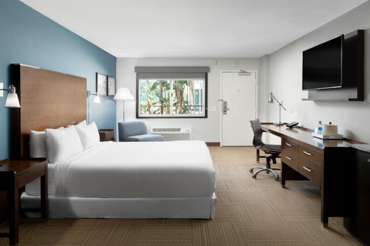 Habitación con cama extragrande, sofá cama y vistas a la ciudad